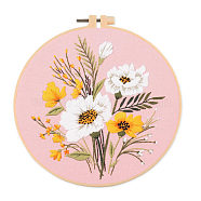 DIY Flower & Leaf Pattern Embroidery Kits, Including Printed Cotton Fabric, Embroidery Thread & Needles, Imitation Bamboo Embroidery Hoop, Pink, 20x20cm(SENE-PW0005-004E)