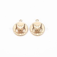 Brass Charms, Nickel Free, Flat Round with Cat, Real 18K Gold Plated, 15x13x3mm, Hole: 1.2mm(KK-S356-725)