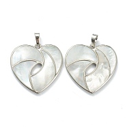 Natural White Shell Pendants, with Platinum Plated Brass Findings, Heart, 34.5x35x2.5~3mm, Hole: 8x5mm(SSHEL-L019-09B-P)