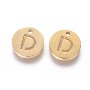 304 Stainless Steel Charms, Ion Plating (IP), Flat Round, Letter.D, 10x1.5mm, Hole: 1mm(STAS-F227-11D-G)