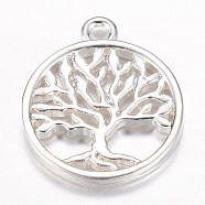 Brass Pendants, Flat Round with Tree of Life, Silver Color Plated, 18x15x2mm, Hole: 1.5mm(X-KK-P036-11S)