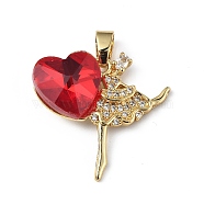 Real 18K Gold Plated Rack Plating Brass Micro Pave Clear Cubic Zirconia Pendants, with Glass, Long-Lasting Plated, Cadmium Free & Lead Free, Dancer with Heart Charm, Red, 23x24.5x8.2mm, Hole: 5x3.2mm(KK-C015-15G-17)