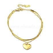 304 Stainless Steel Herringbone & Curb Chains Double Layered Multi-strand Bracelet, Love You Heart Charm Bracelet, Golden, 7-3/8 inch(18.6cm)(BJEW-K235-01G)