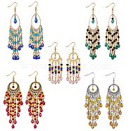 5Pair 5 Style Horse Eye & Ring Chandelier Earrings, Glass Seed Beaded Tassel Drop Earrings for Women, Mixed Color, 80~110mm, Pin: 0.8mm, 1pair/style(EJEW-SW00008)