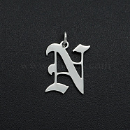 304 Stainless Steel Pendants, with Jump Ring, Old English, Letter, Laser Cut, Stainless Steel Color, Letter.N, 15.5x13x1mm, Hole: 3mm(STAS-R111-JA565-N)