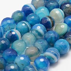 Faceted Natural Striped Agate/Banded Agate Beads Strands, Round, Dyed & Heated, Light Blue, 8mm, Hole: 1mm, about 46~48pcs/strand, 14.25~14.96 inch(36~38cm)(G-F447-8mm-H04)