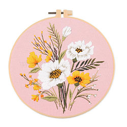 DIY Flower & Leaf Pattern Embroidery Kits, Including Printed Cotton Fabric, Embroidery Thread & Needles, Imitation Bamboo Embroidery Hoop, Pink, 20x20cm(SENE-PW0005-004E)