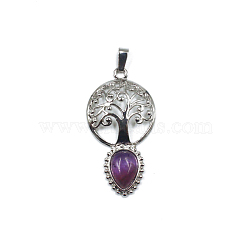 Natural Amethyst Teardrop Pendants, Tree of Life Charms with Platinum Plated Metal Findings, 49x26mm(FIND-PW0025-07P-27)
