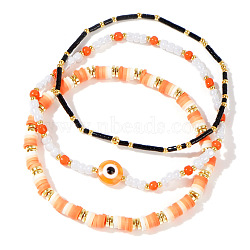 3Pcs Halloween Evil Eye Polymer Clay & Glass Beaded Bracelet Sets, Mixed Color, 6-1/2~6-7/8 inch(16.5~17.5cm)(NV8085)