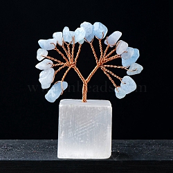 Natural Aquamarine Chips Tree of Life Decorations, Natural Selenite Cube Base Copper Wire Feng Shui Energy Stone Gift for Women Men Meditation, 60mm(PW-WG21303-09)