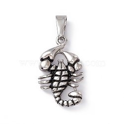 304 Stainless Steel Pendants, Scorpion Charms, Antique Silver, 33.5x20x5mm, Hole: 4.3x8.5mm(STAS-G285-10AS)