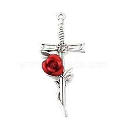 Alloy Plastic Pendant Rhinestone Settings, Sword & Rose Charms, Antique Silver, 46.5x19.5x5mm, Hole: 1.5mm, Fit for 1.6mm Rhinestone(AL-CBA5334-04AS)