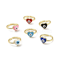 Enamel Heart with Evil Eye Open Cuff Ring, Gold Plated Brass Jewelry for Women, Cadmium Free & Lead Free, Mixed Color, US Size 7(17.3mm)(RJEW-G259-01G)