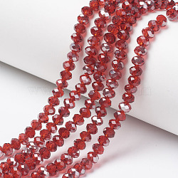 Electroplate Transparent Glass Beads Strands, Half Gray Plated, Faceted, Rondelle, Red, 4x3mm, Hole: 0.4mm, about 123~127pcs/strand, 16.5~16.9 inch(42~43cm)(EGLA-A034-T4mm-E18)