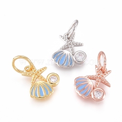 Brass Charms, with Micro Pave Cubic Zirconia, Enamel and Jump Rings, Starfish with Scallop, Clear & Sky Blue, Mixed Color, 10x8x2mm, Hole: 3.2mm(ZIRC-L070-79)