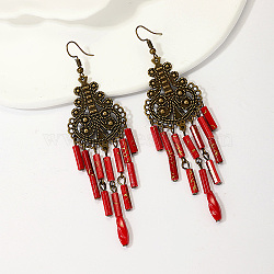 Antique Bronze Iron Chandelier Earrings, Synthetic Gemstone Beaded Tassel Earrings, FireBrick, 100mm(VQ0378-1)