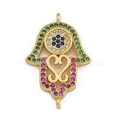 Rack Plating Brass Micro Pave Cubic Zirconia Religion Hamsa Hand Connector Charms, Real 18K Gold Plated, Long-Lasting Plated, Cadmium Free & Lead Free, Clear, 24x15.5x2.5mm, Hole: 1.4mm(KK-C074-55G-01)