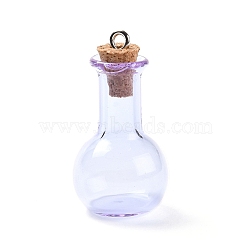 Glass Pendants, with Wood Bottle Stopper and Platinum Alloy Loops, Bulb Shaped, Lavender, 34x18mm, Hole: 2mm(GLAA-P053-01A-01)