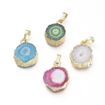 Electroplated Natural Agate Pendants, with Brass Findings, Dyed, Flat Round, Mixed Color, Golden, 17~23.5x13~18x5~6mm, Hole: 6x3mm
