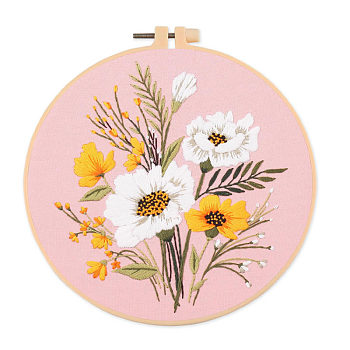 DIY Flower & Leaf Pattern Embroidery Kits, Including Printed Cotton Fabric, Embroidery Thread & Needles, Imitation Bamboo Embroidery Hoop, Pink, 20x20cm