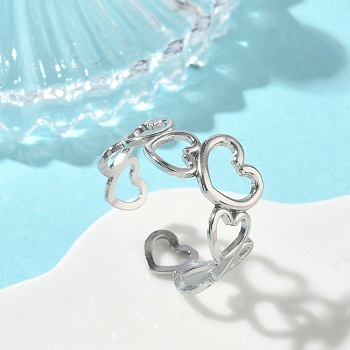 304 Stainless Steel Cuff Open Rings for Women, Heart, Stainless Steel Color, US Size 8 3/4(18.7mm)