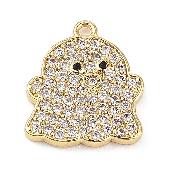 Rack Plating Brass Cubic Zirconia Pendants, Lead Free & Cadmium Free, Long-Lasting , Ghost CharmCharm, Real 18K Gold Plated, 16x14x1.8mm, Hole: 1.2mm