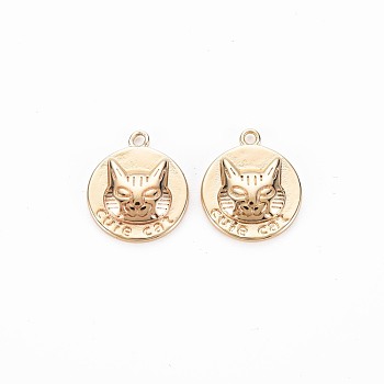 Brass Charms, Nickel Free, Flat Round with Cat, Real 18K Gold Plated, 15x13x3mm, Hole: 1.2mm