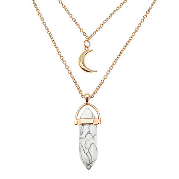 Natural Howlite Cone Pendant Double Layer Necklace, with Moon Charms, 19.69 inch(50cm)