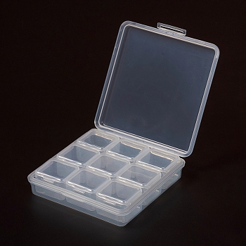 Plastic Bead Containers, Flip Top Bead Storage, Removable, 9 Compartments, Rectangle, Clear, 11.4x11.2x2.8cm, Compartments: about 3.3x3.4x2.4cm, 9 Compartments/box