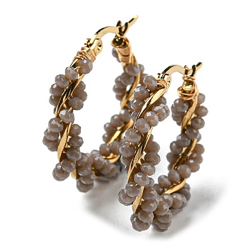 Glass Beaded Twisted Hoop Earrings, Golden 304 Stainless Steel Wire Wrap Jewelry, Light Grey, 29.5x30x5.5mm, Pin: 0.7x1mm