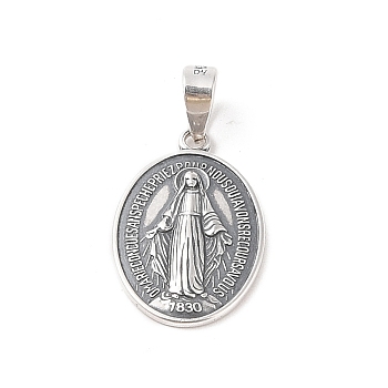 999 Sterling Silver Religious Medal Pendants, Oval with Virgin Charms with Snap on Bails, Antique Silver, 23x15x2mm, Hole: 6.5x5mm