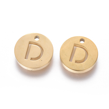 304 Stainless Steel Charms, Ion Plating (IP), Flat Round, Letter.D, 10x1.5mm, Hole: 1mm