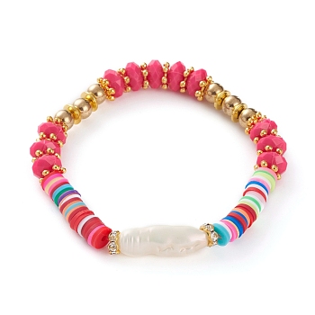 Rainbow Polymer Clay Heishi Beads Stretch Bracelets, with Acrylic Beads, Non-magnetic Synthetic Hematite Beads, Brass Rhinestone Beads and ABS Plastic Imitation Pearl Beads, Golden, Red, Inner Diameter: 2-1/8 inch(5.4cm)