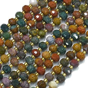 Natural Ocean Jasper Beads Strands, with Seed Beads, Faceted, Lantern, 8~8.5x6.5~7mm, Hole: 0.6mm, about 44pcs/strand, 15.16 inch(38.5cm)