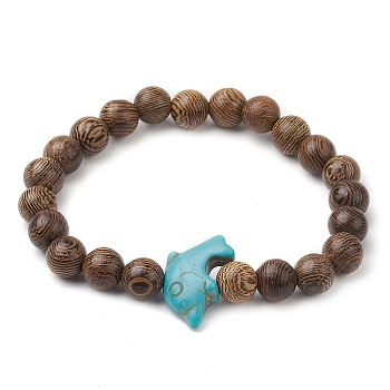 8MM Round Natural Wenge Wood Beaded Stretch Bracelets, Synthetic Turquoise Dolphin Bead Stretch Bracelets for Women Men, 1/4 inch(0.8cm), Inner Diameter: 2-3/8 inch(6cm)