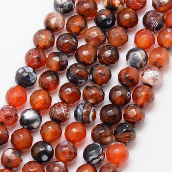 Natural Fire Crackle Agate Bead Strands, Round, Grade A, Faceted, Dyed & Heated, Chocolate, 8mm, Hole: 1mm, about 47pcs/strand, 15 inch