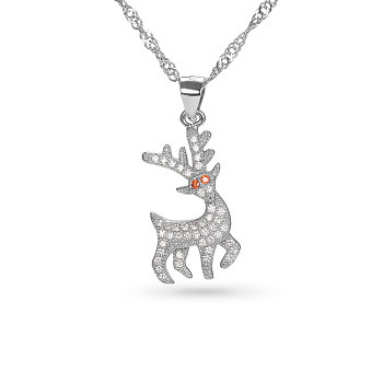 SHEGRACE 925 Sterling Silver Pendant Necklace, Christmas, with Micro Pave AAA Cubic Zirconia Deer Pendant, Silver, 15.7 inch