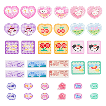 38Pcs 19 Style Transparent Printed Acrylic Cabochons, with Glitter Powder, Mixed Shapes, Mixed Color, 15.5~50x20~50x1.5~2.5mm, 2pcs/style