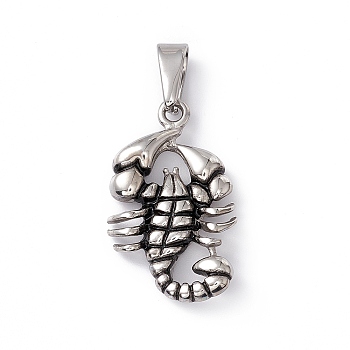 304 Stainless Steel Pendants, Scorpion Charms, Antique Silver, 33.5x20x5mm, Hole: 4.3x8.5mm
