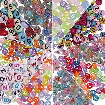 1000Pcs 10 Style Transparent Frosted Acrylic Beads, Flat Round with Letter, Mixed Color, 7x3.5mm, Hole: 1.2mm