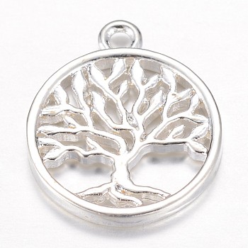 Brass Pendants, Flat Round with Tree of Life, Silver Color Plated, 18x15x2mm, Hole: 1.5mm