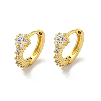 Brass Micro Pave Cubic Zirconia Hoop Earring, Real 18K Gold Plated, Star, 14.5x5mm