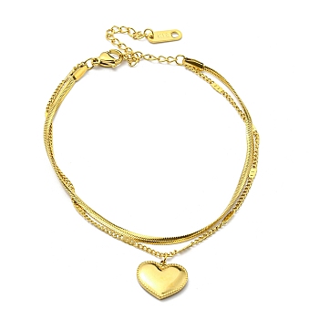 304 Stainless Steel Herringbone & Curb Chains Double Layered Multi-strand Bracelet, Love You Heart Charm Bracelet, Golden, 7-3/8 inch(18.6cm)