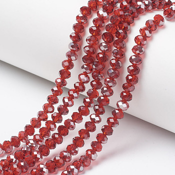 Electroplate Transparent Glass Beads Strands, Half Gray Plated, Faceted, Rondelle, Red, 4x3mm, Hole: 0.4mm, about 123~127pcs/strand, 16.5~16.9 inch(42~43cm)