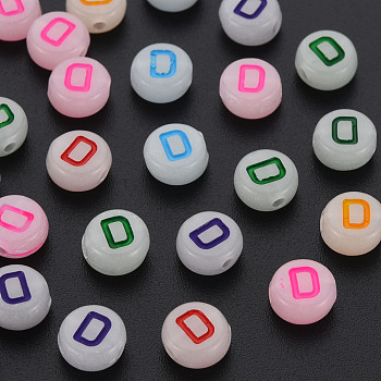 Acrylic Beads, Glow in the Dark, with Enamel and Luminous, Horizontal Hole, Flat Round with Alphabet, Letter.D, 6.5x7x4mm, Hole: 1.6mm, about 3600pcs/500g