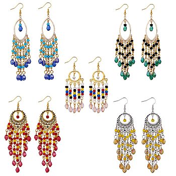 5Pair 5 Style Horse Eye & Ring Chandelier Earrings, Glass Seed Beaded Tassel Drop Earrings for Women, Mixed Color, 80~110mm, Pin: 0.8mm, 1pair/style