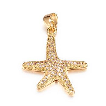 Brass Micro Pave Cubic Zirconia Pendants, Starfish/Sea Stars, Golden, 26x21x3mm, Hole: 3x4mm