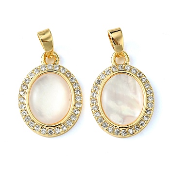 Brass Micro Pave Clear Cubic Zirconia Pendants, with Shell, Real 18K Gold Plated, Oval, 18x12.5x3mm, Hole: 4.7x2mm