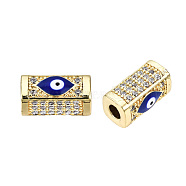Brass Micro Pave Cubic Zirconia Beads, with Enamel, Real 18K Gold Plated, Rectangle with Evil Eye, Nickel Free, Dark Blue, 14x8x7mm, Hole: 3.5mm(KK-N227-89B)