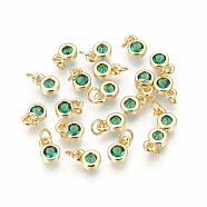 Brass with Single Cubic Zirconia Charms, Single Stone Charms, Flat Round, Golden, Green, 6.5x4.5x2mm, Hole: 2.5~3mm(ZIRC-F095-03G-02)